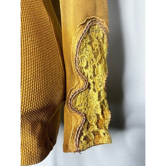 Y2K Free People Mustard Yellow Synergy Thermal Crochet Cuff Lace Knit XS - Picture 5 of 13